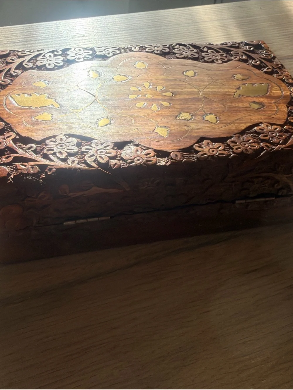 Hand-Carved Wooden Jewelry Box with Inlay